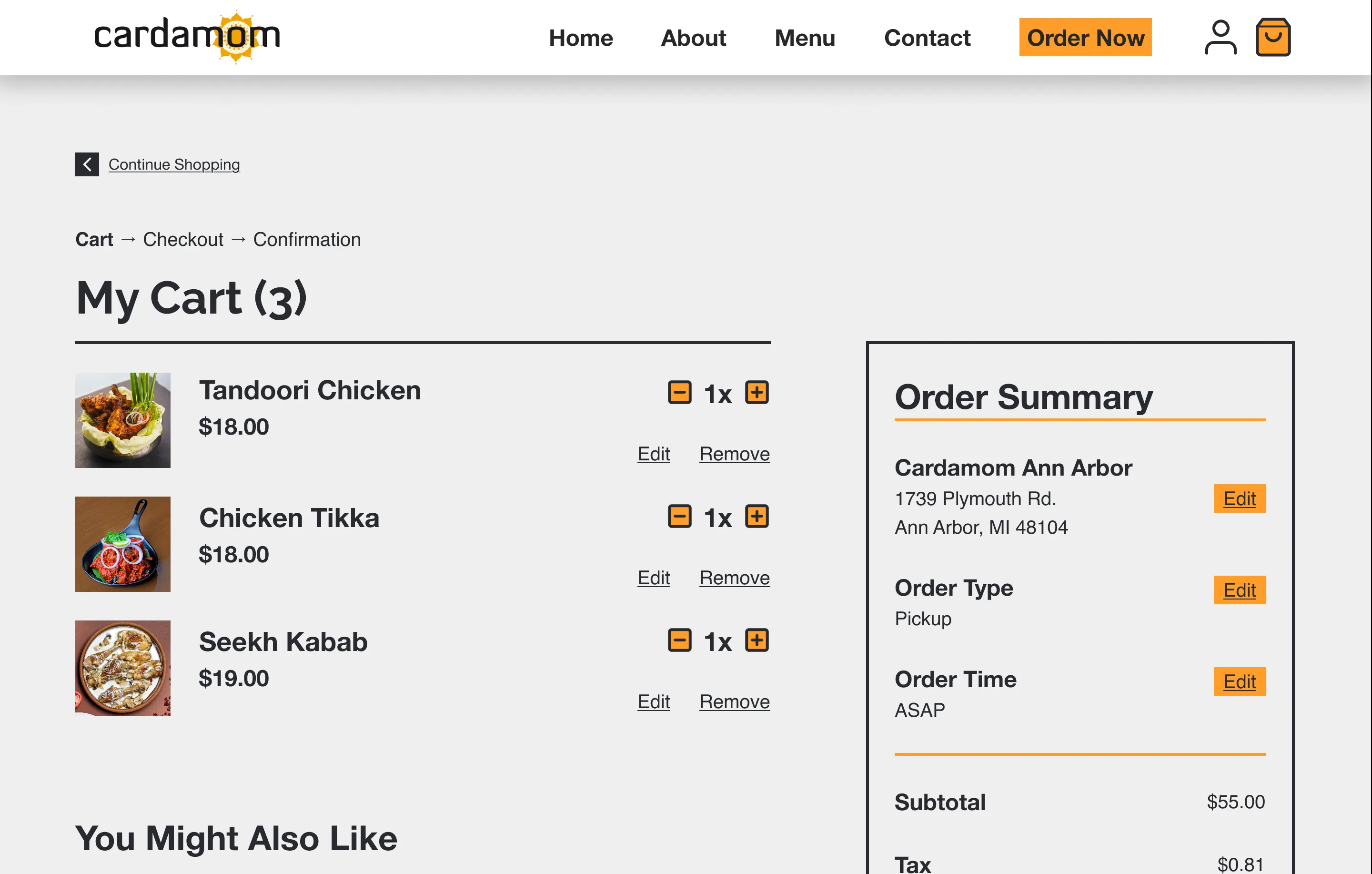 My Cart page after the change: a “Continue Shopping” back link with an arrow now sits above the breadcrumb, cart items and Order Summary.