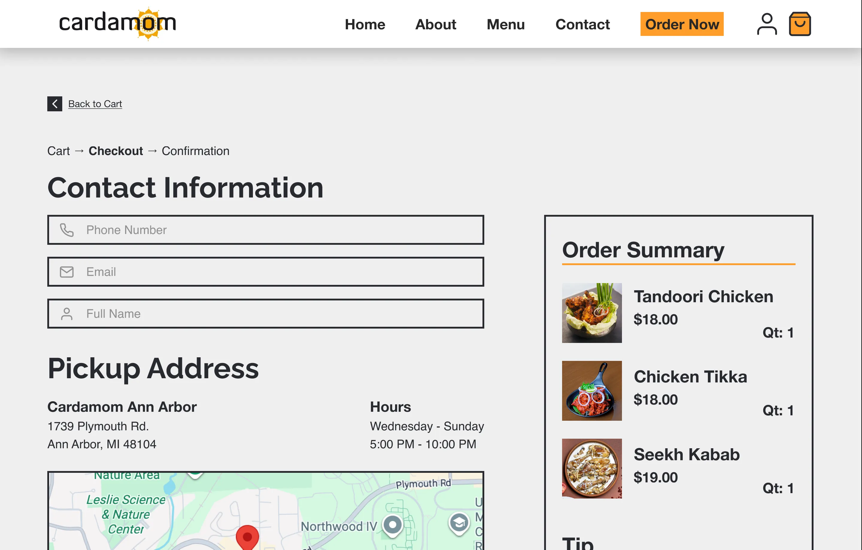 Final checkout on desktop: a Back to Cart link and the Cart → Checkout → Confirmation breadcrumb above Contact Information fields, the pickup address with hours and a map, and an Order Summary of three items.