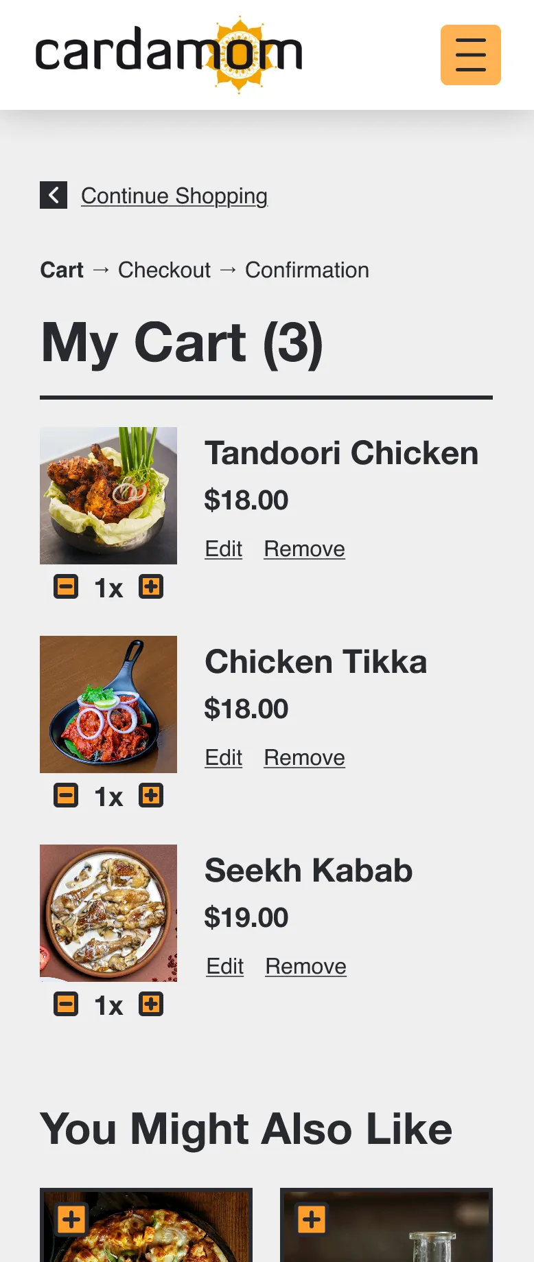 Final cart on mobile: a Continue Shopping link and breadcrumb above My Cart with three items, quantity controls, Edit and Remove links, and a You Might Also Like section.