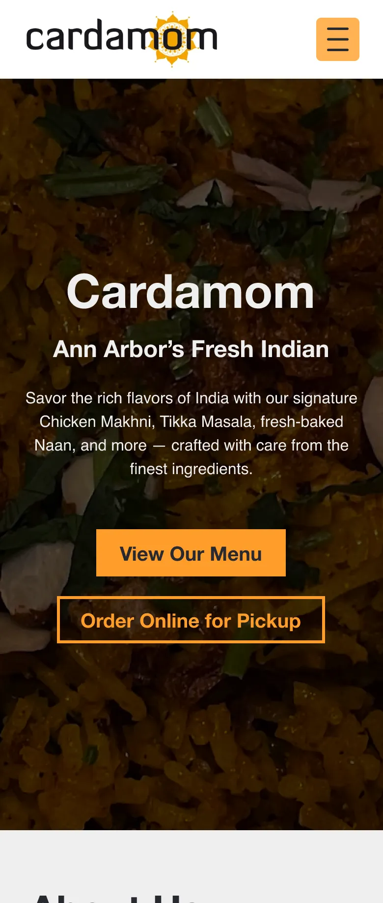 Final homepage on mobile: the logo and an orange menu button above the same hero text with View Our Menu and Order Online for Pickup buttons.
