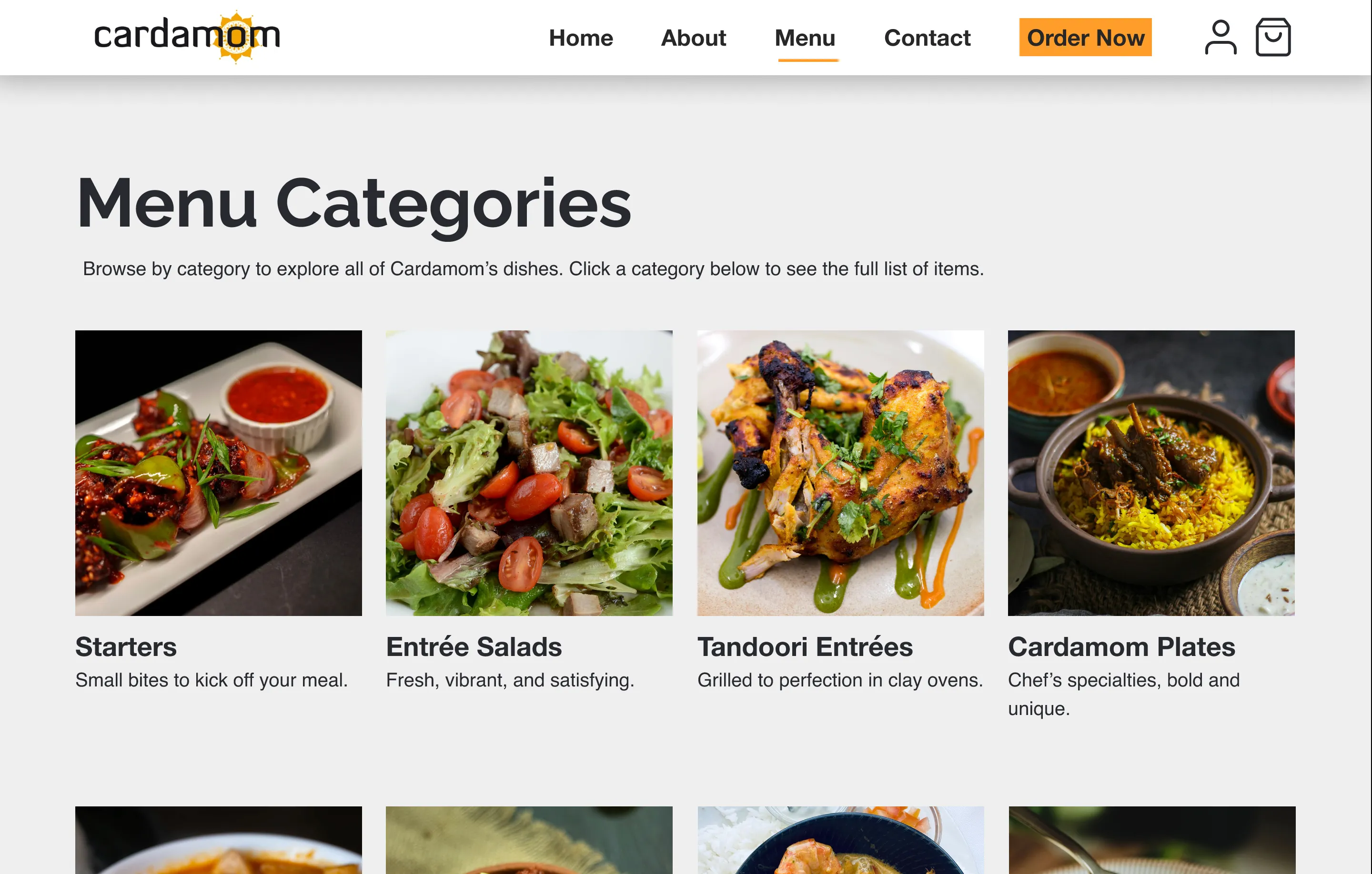Final Menu Categories page on desktop: a short description under the heading and a grid of photo cards for Starters, Entrée Salads, Tandoori Entrées and Cardamom Plates, each with a one-line description.