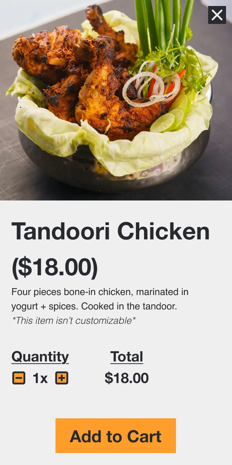 Final product detail on mobile: a large photo of Tandoori Chicken, its price, a short description, quantity controls, the total and an orange Add to Cart button.