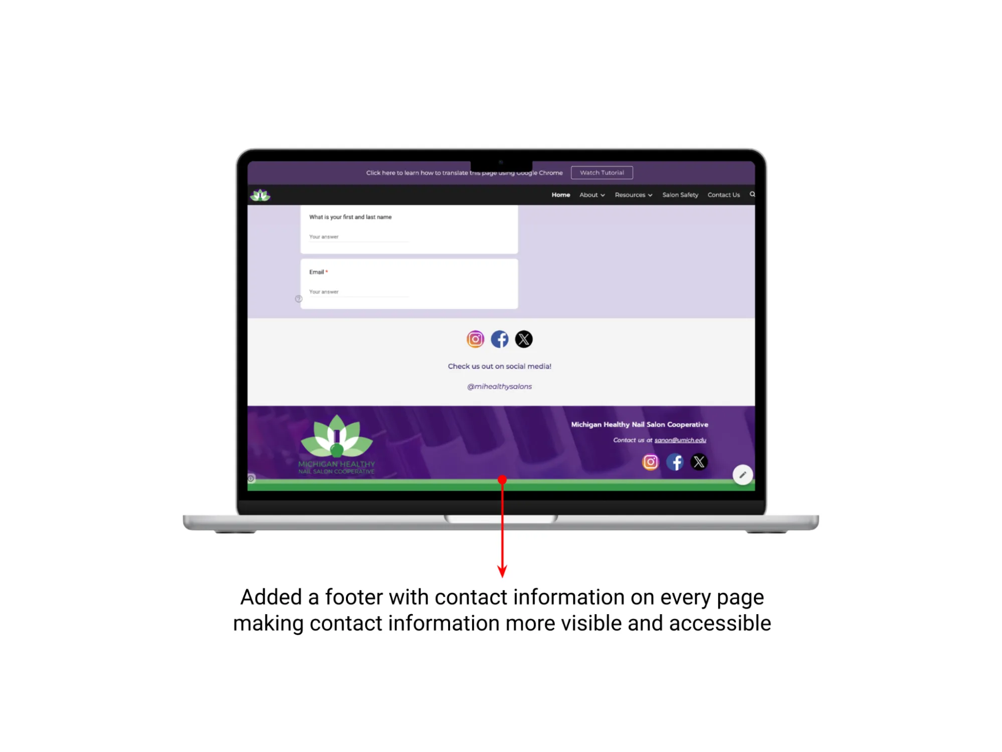 Annotated redesign page bottom on a laptop: a new footer with contact information and social links on every page.