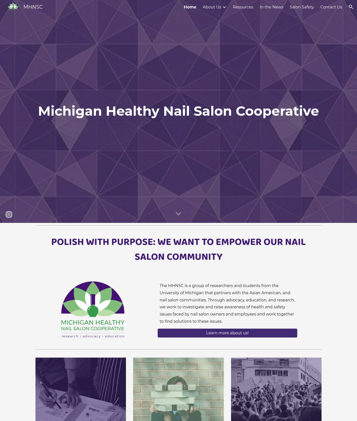 Original MHNSC homepage: a large purple geometric header with the organization name, the tagline “Polish with purpose,” a short paragraph next to the logo and three photo links for Research, Education and Advocacy.