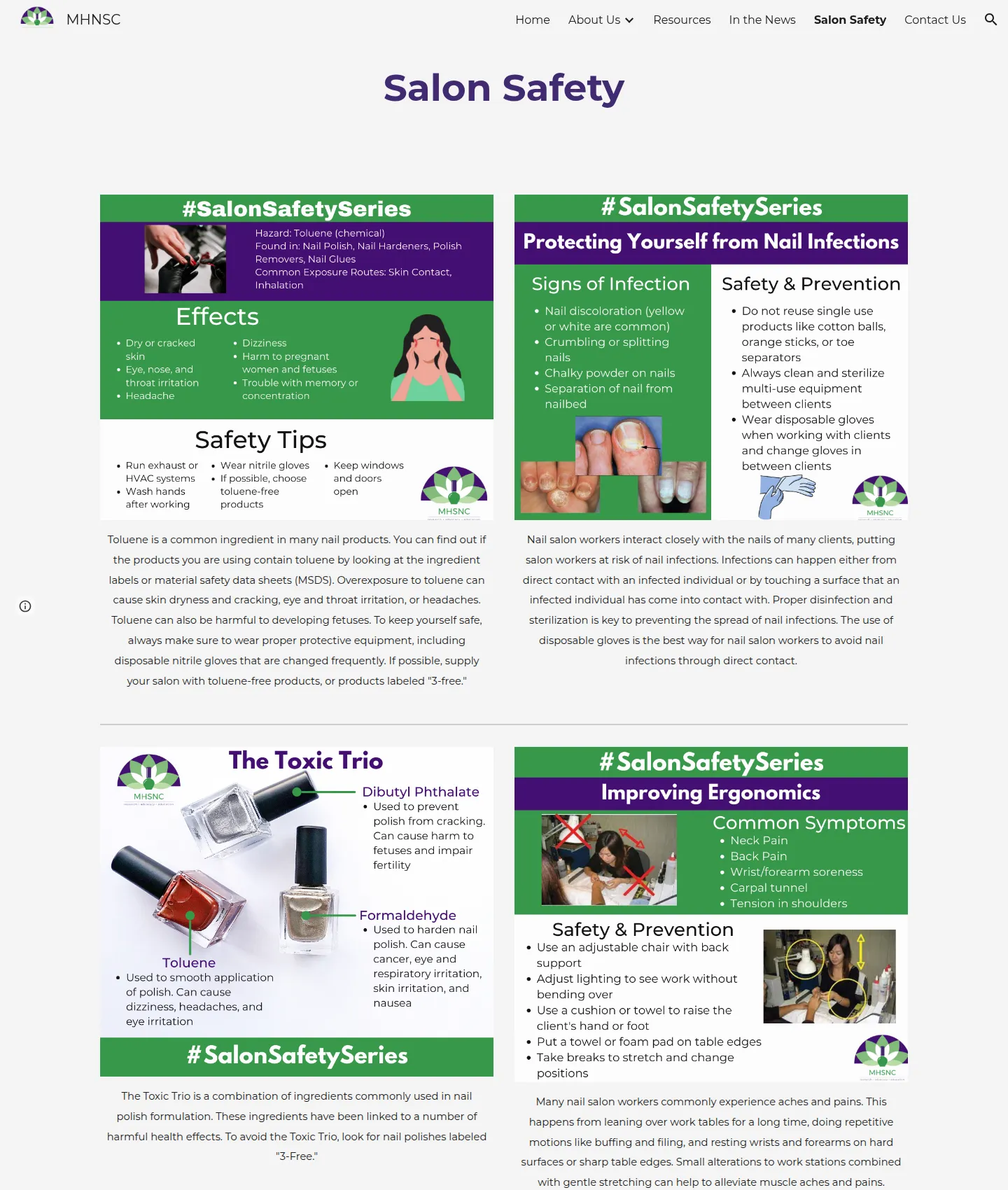Original Salon Safety page: a grid of green and white #SalonSafetySeries infographics packed with small text about effects, safety tips, nail infections and the Toxic Trio.