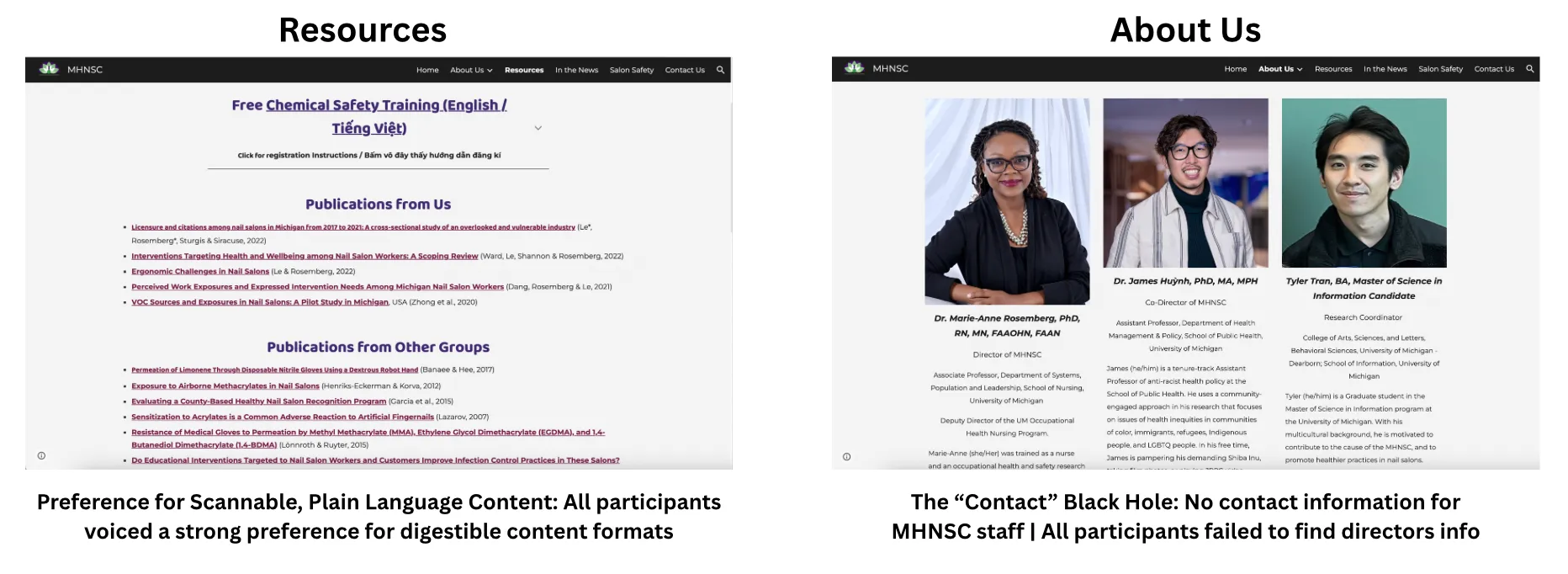 Annotated screenshots: the original Resources page’s dense lists, and the original About Us page with team photos and bios but no contact information for MHNSC staff.