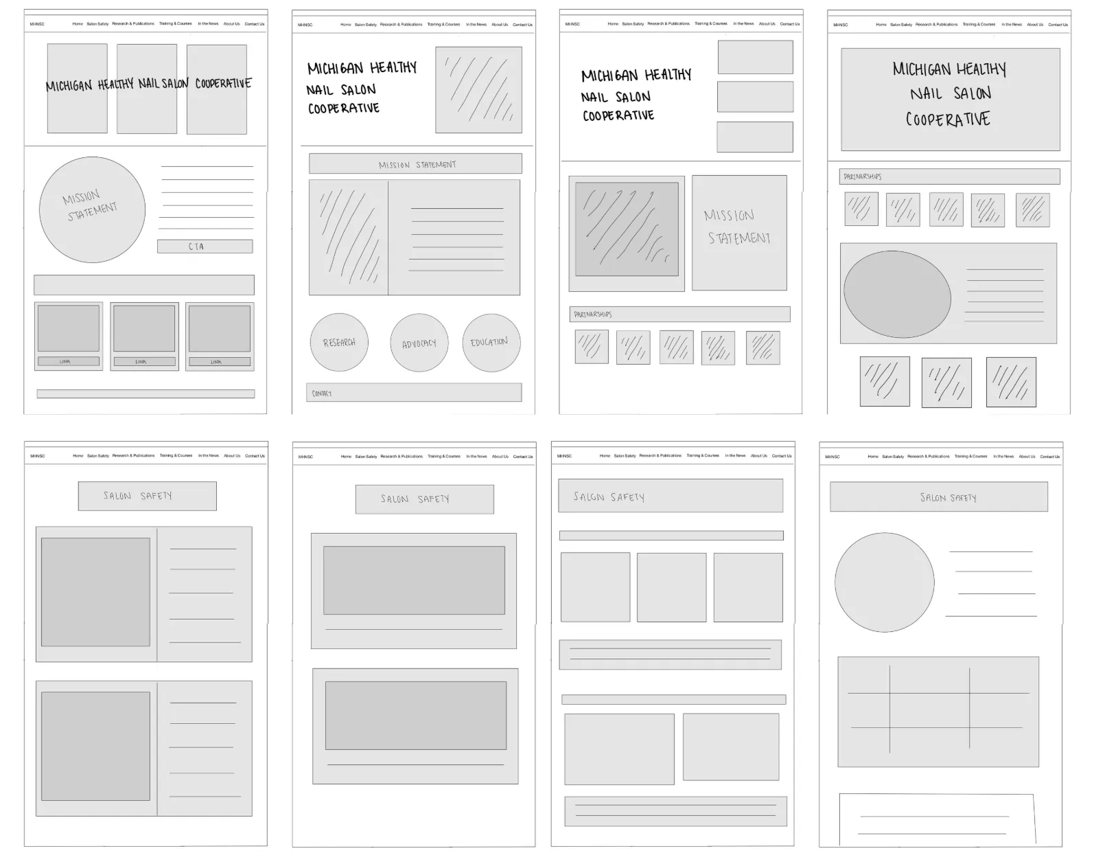 Hand-drawn sketches of the homepage and Salon Safety page: a header, mission statement, the three pillars as circles, card grids and section titles.