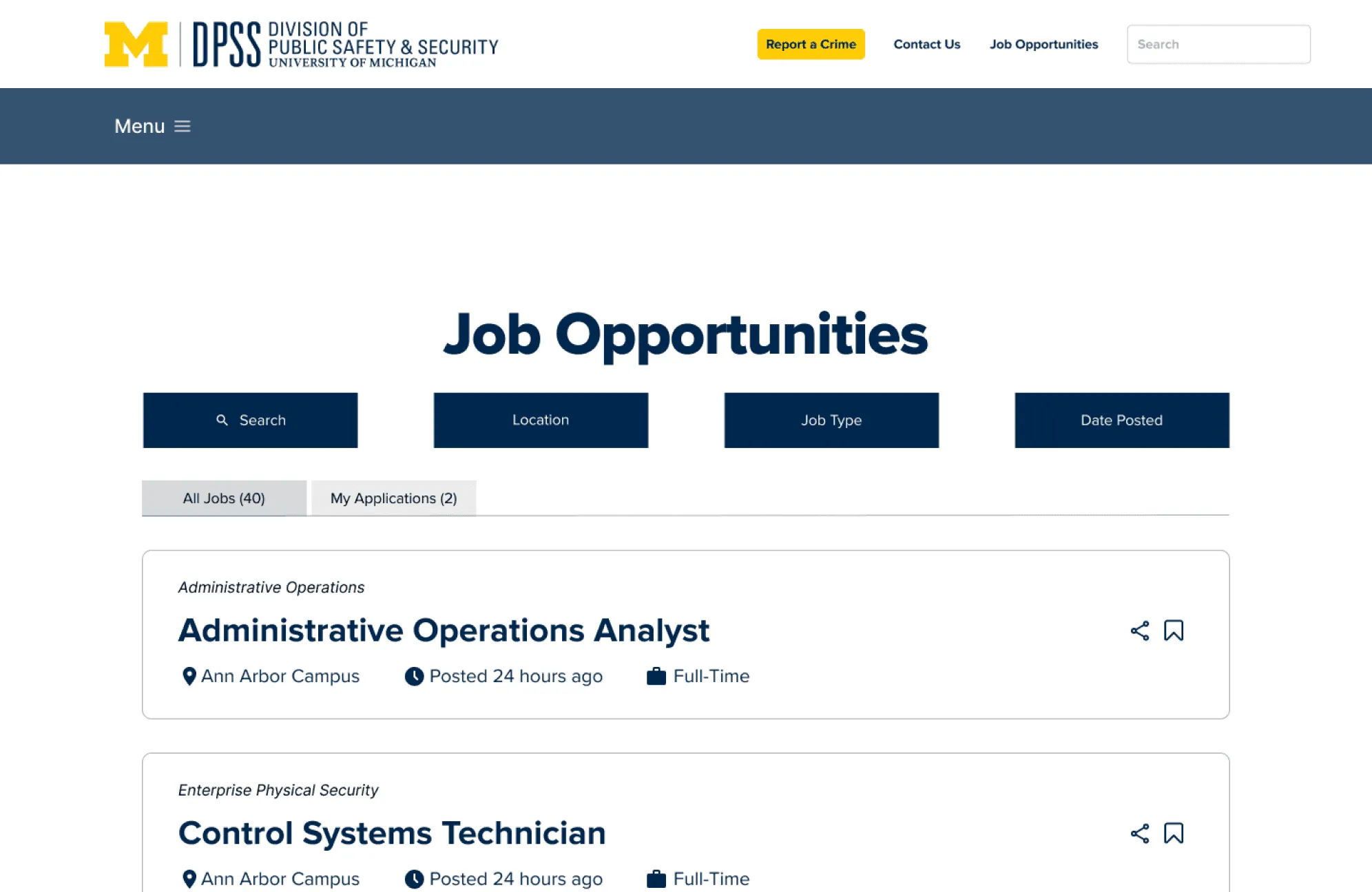 Final job listings on desktop: a Job Opportunities page with navy Search, Location, Job Type and Date Posted filters, All Jobs and My Applications tabs, and job cards such as Administrative Operations Analyst with campus, posting time, type, share and save.