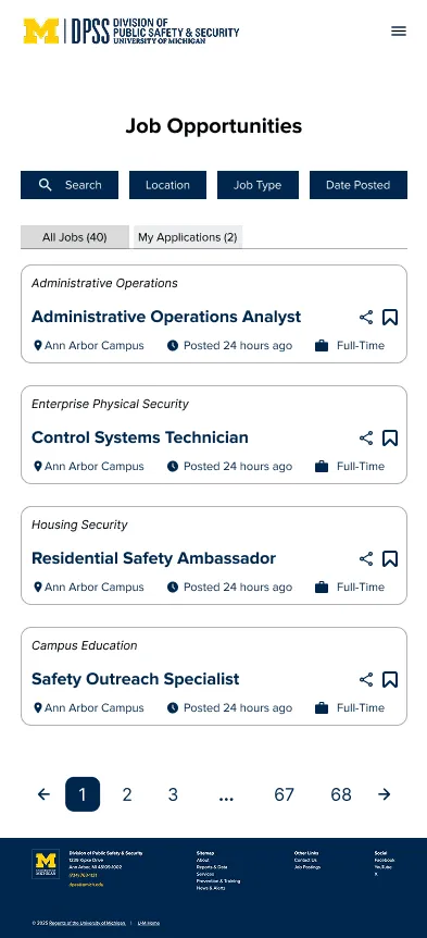 Final job listings on mobile: stacked filters and scannable job cards with share and save icons.